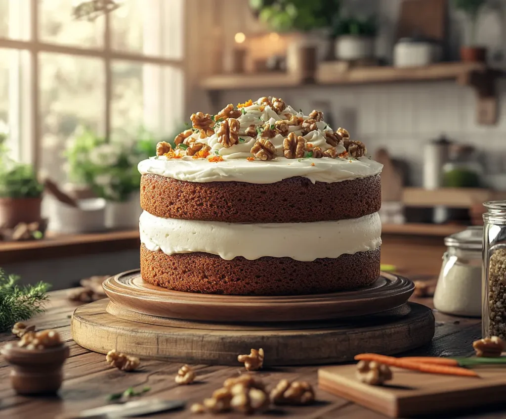 Carrot Walnut Cake with Cream Cheese Frosting and Walnut Garnish