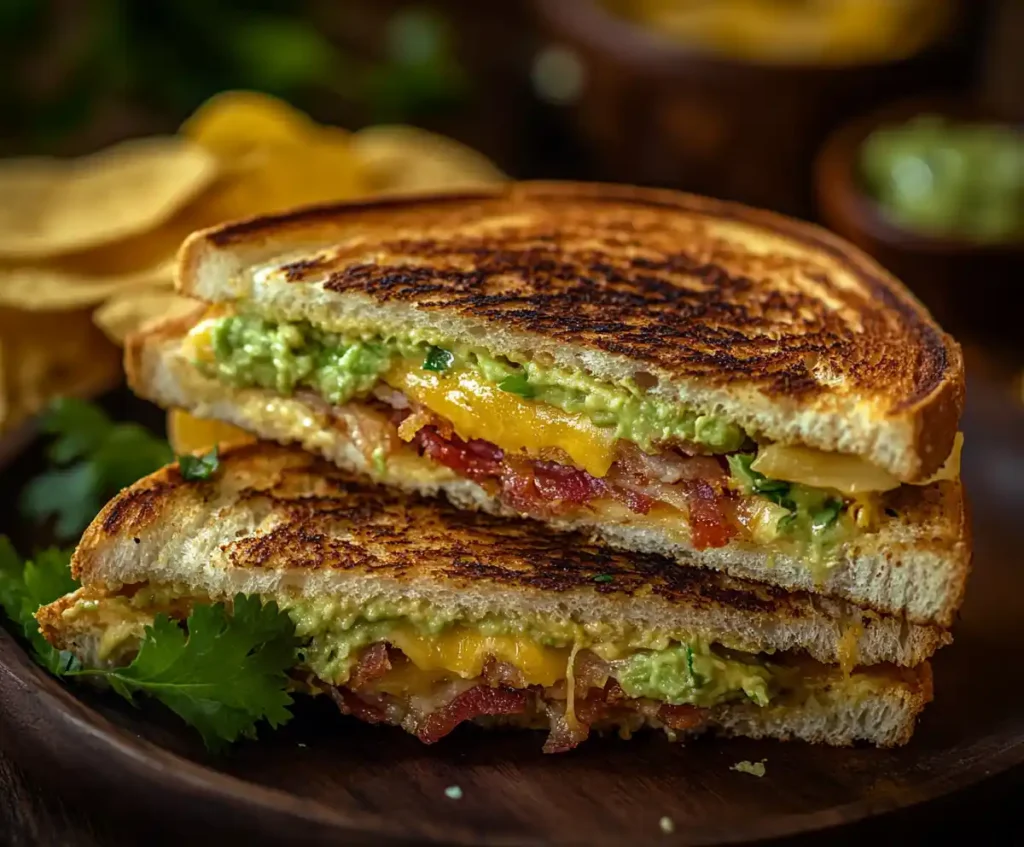 Crispy Bacon Guacamole Grilled Cheese Sandwich with melted cheese and chips.