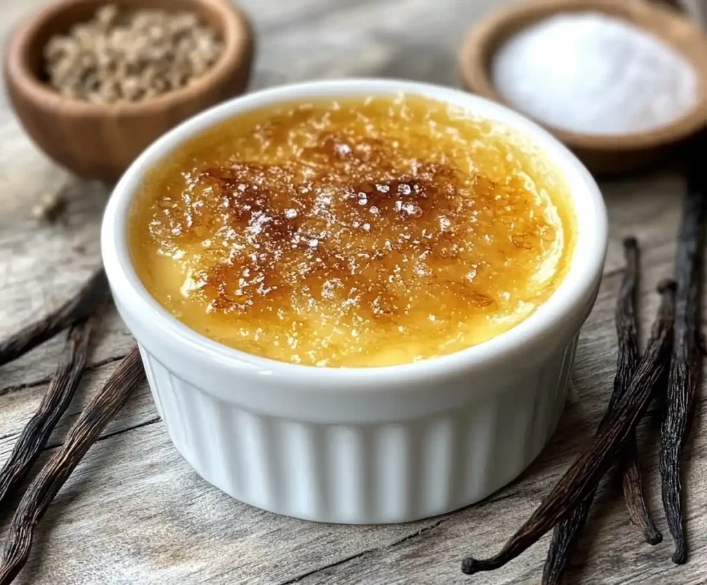 Crème brûlée with a golden caramelized crust in a white ramekin.