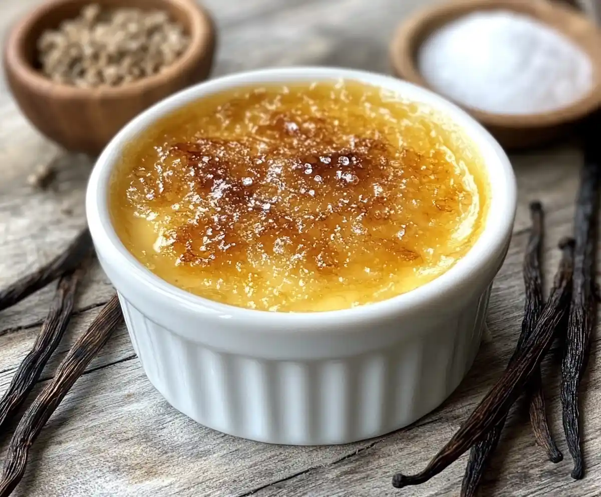 Crème brûlée with a golden caramelized crust in a white ramekin.