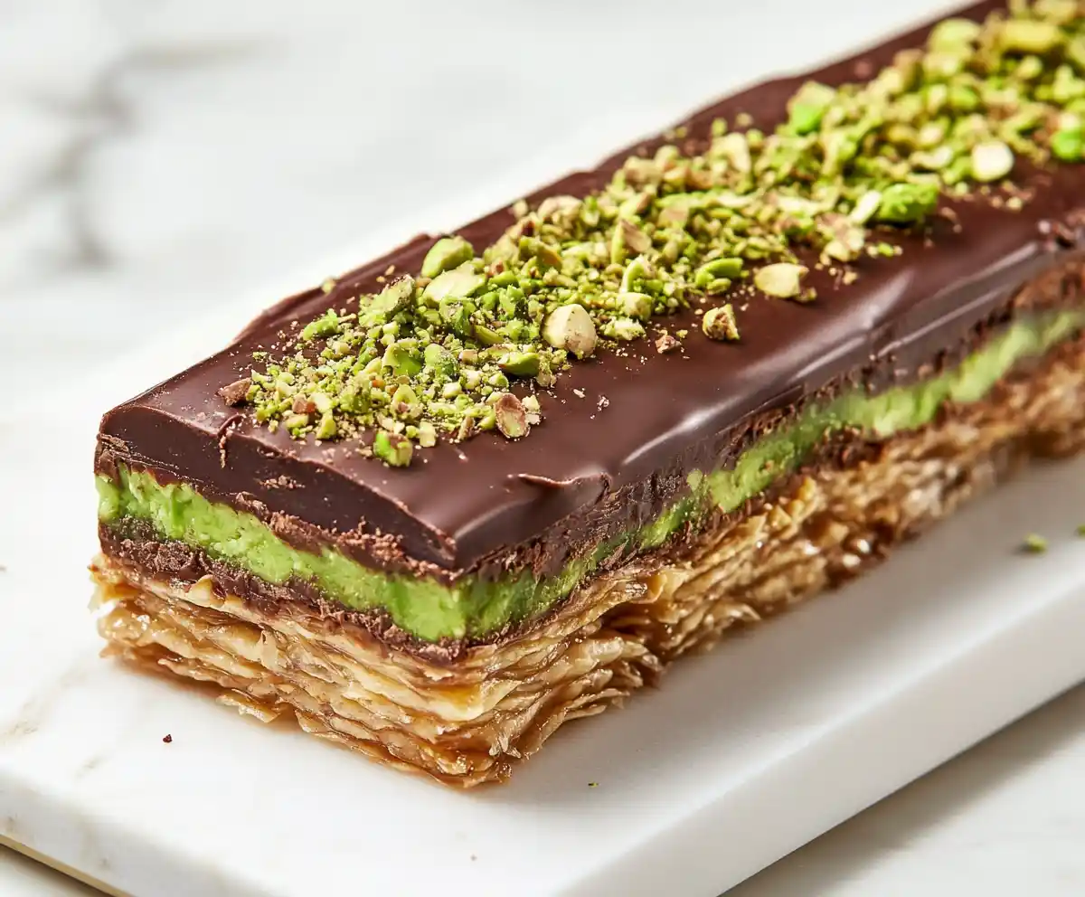 Dubai Chocolate bar with pistachio filling and kataifi layers.