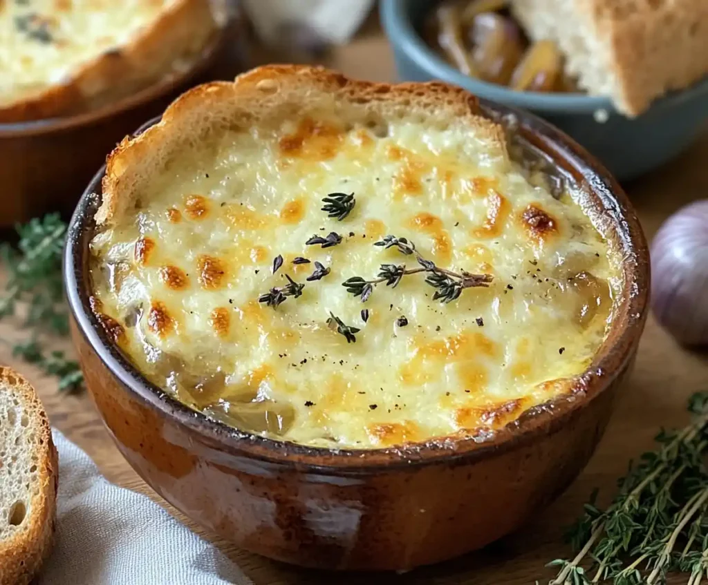 French Onion Soup with golden melted Gruyère cheese and bread.