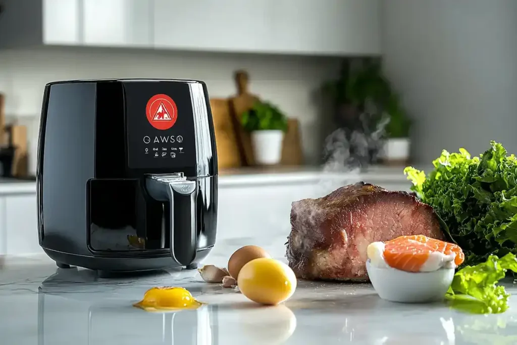 An air fryer with unsafe foods like raw eggs, wet-battered fish, and large roasts