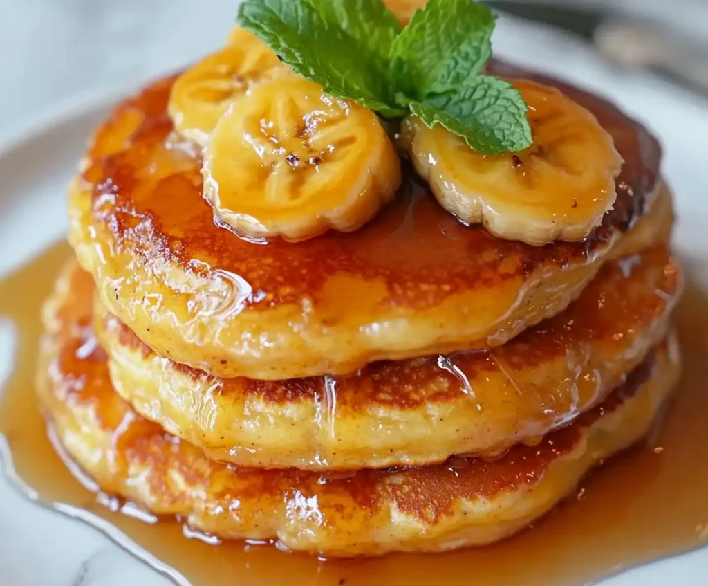 Stacked Banana Foster Pancakes topped with caramelized bananas and syrup on white marble.