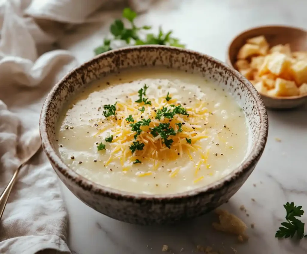 A bowl of creamy soup garnished with parsley and cheddar on a marble countertop.