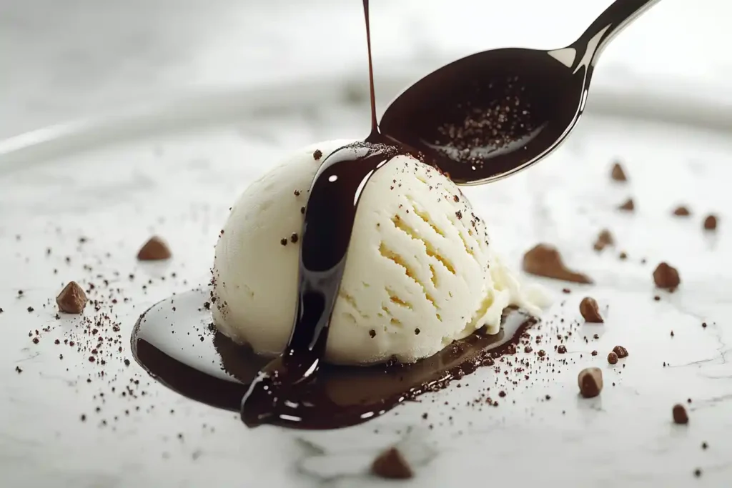 Black Label Chocolate Sauce poured onto vanilla ice cream on marble.