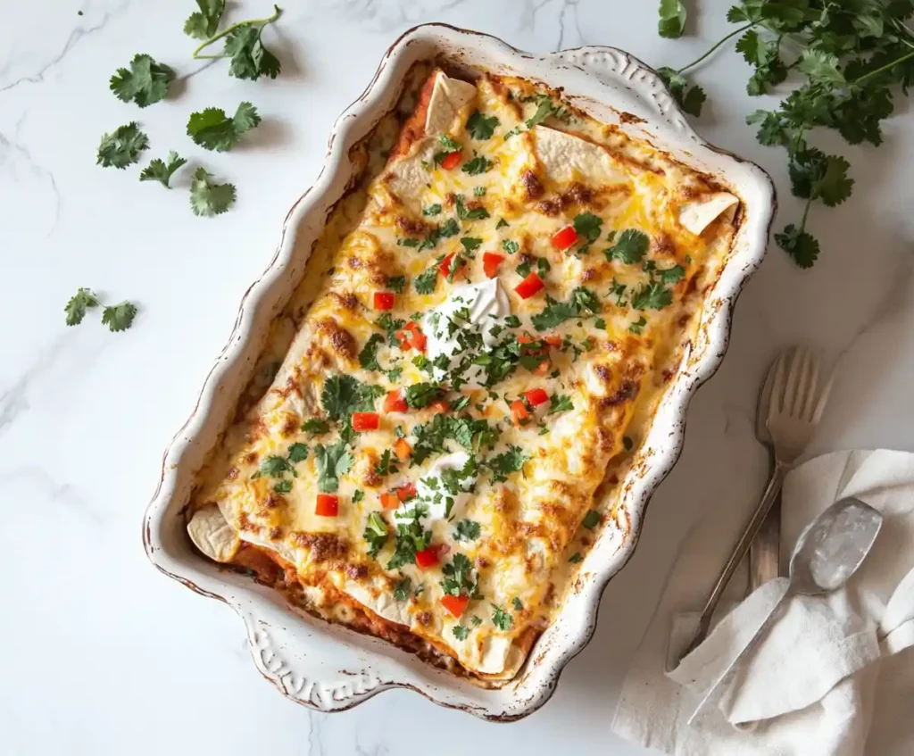 A baking dish of cheesy enchiladas with cilantro and crema on a marble countertop.
