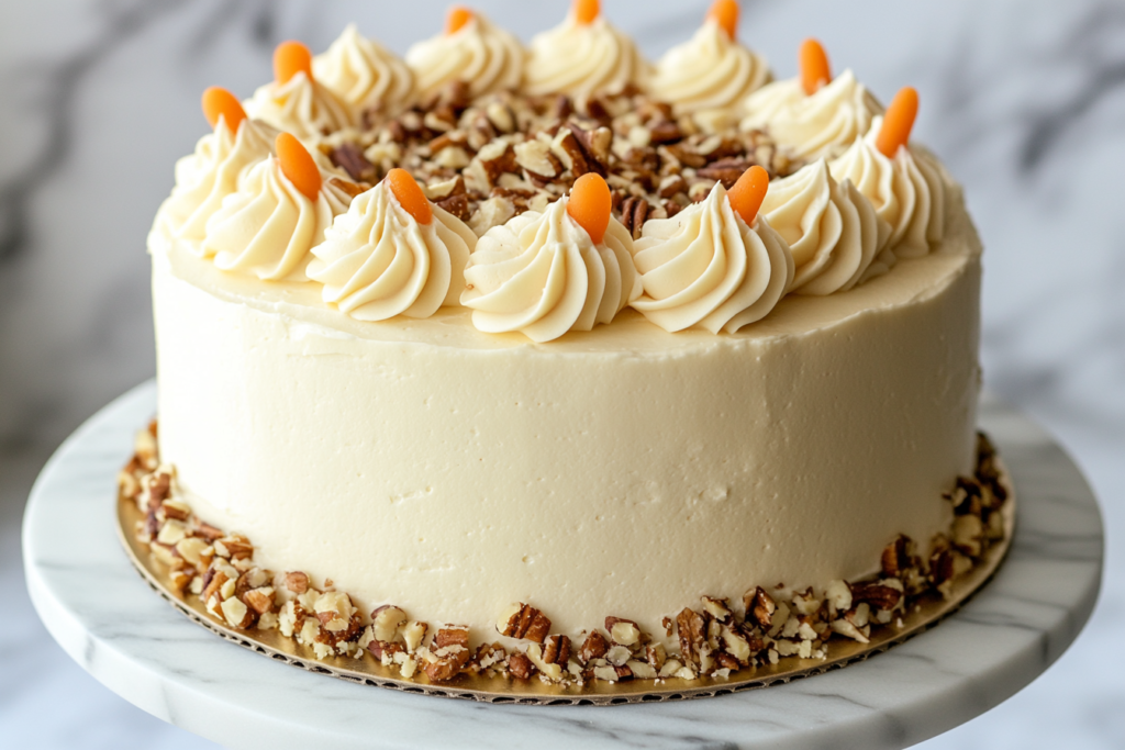 Fully Frosted Carrot Cake on Marble Cake Stand