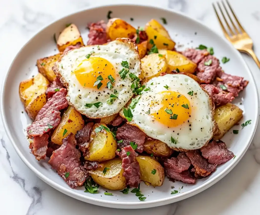 Canned corn beef hash with potatoes and eggs on a marble table.