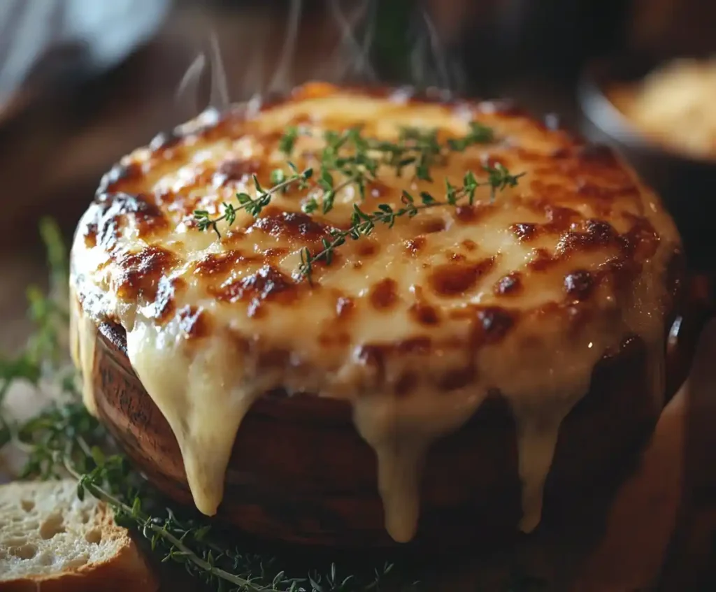 French onion soup topped with Gruyère cheese and a baguette slice.