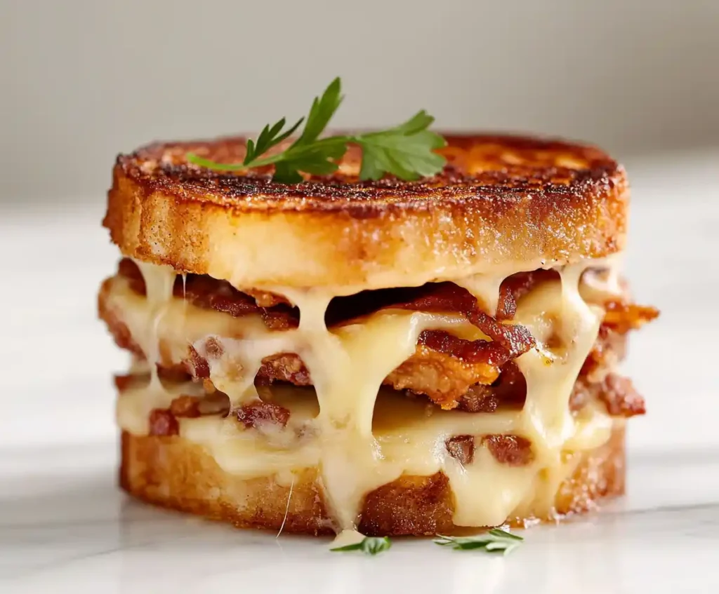 Grilled cheese with bacon on a white marble counter