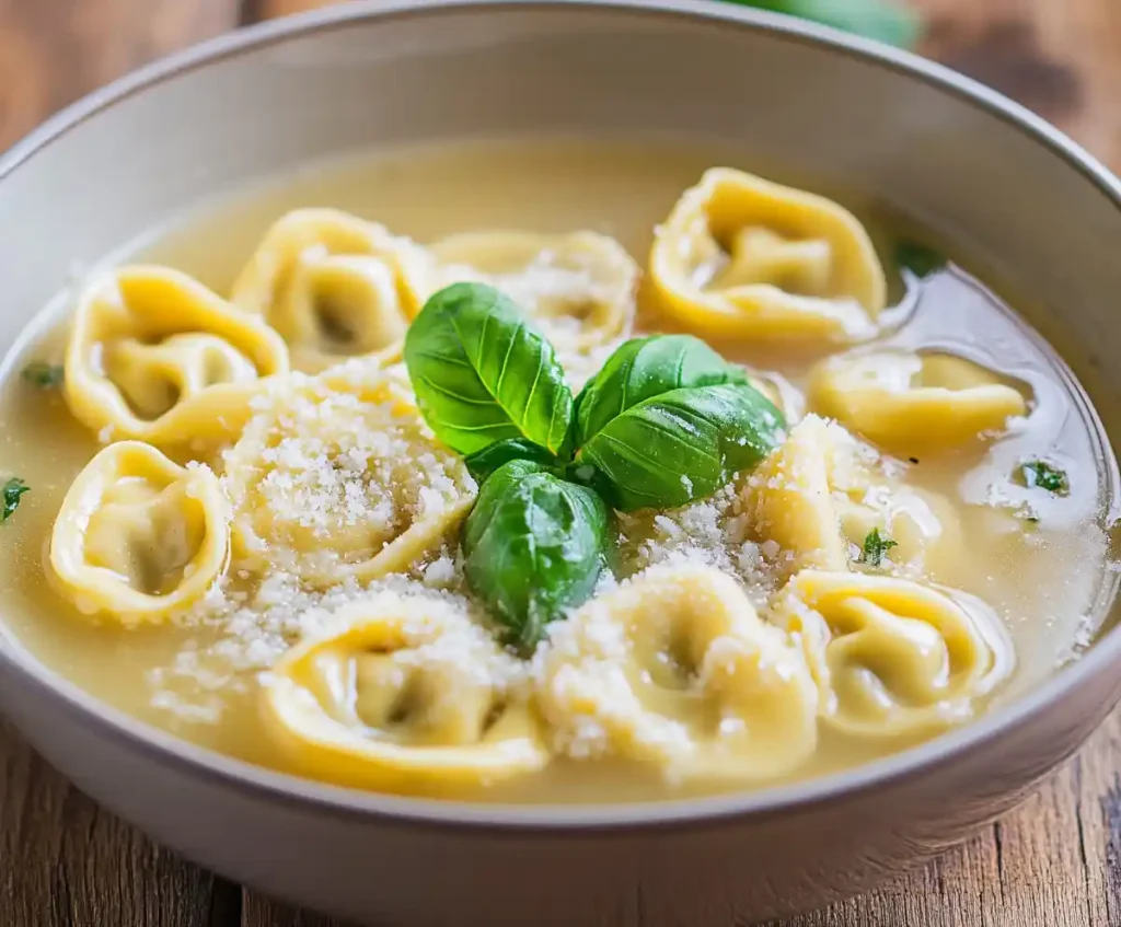 Tortellini in broth with Parmesan and fresh basil.