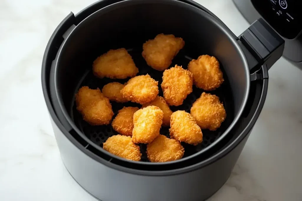 Air fryer with crispy frozen chicken nuggets on white marble