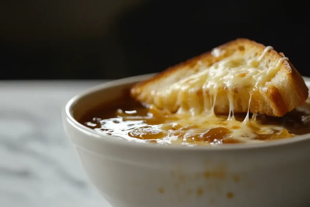 A steaming bowl of French onion soup with melted cheese on a white marble countertop.