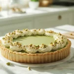 Creamy pistachio pie with crushed pistachios on a white marble countertop