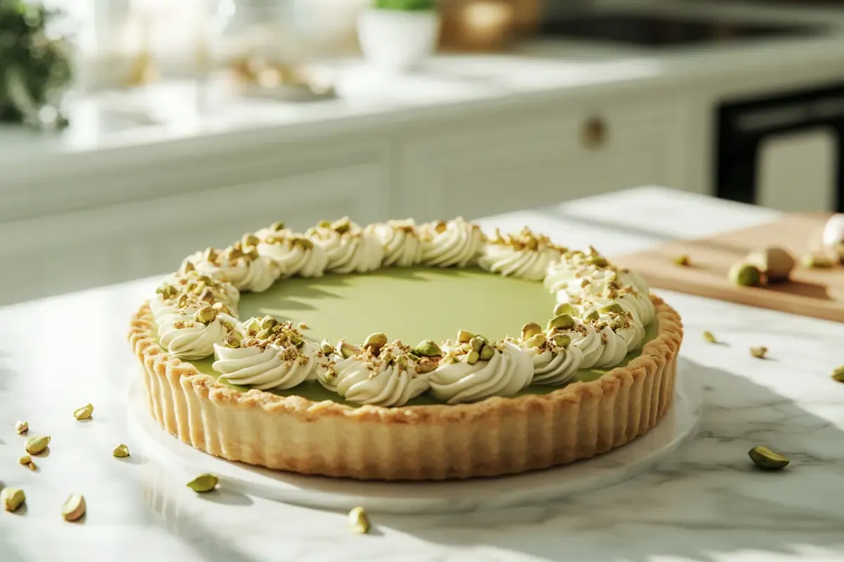 Creamy pistachio pie with crushed pistachios on a white marble countertop