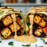 A tasty tofu burrito cut in half, showing tofu, beans, and veggies.