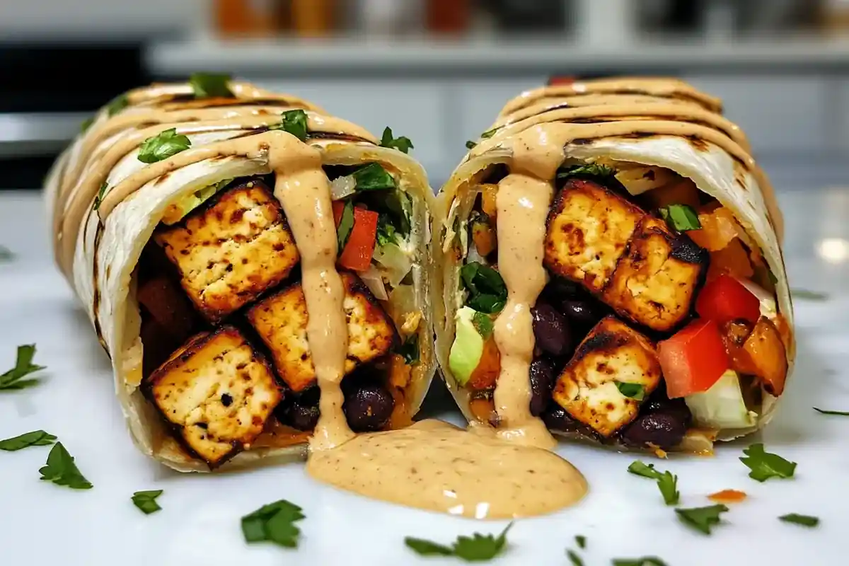 A tasty tofu burrito cut in half, showing tofu, beans, and veggies.